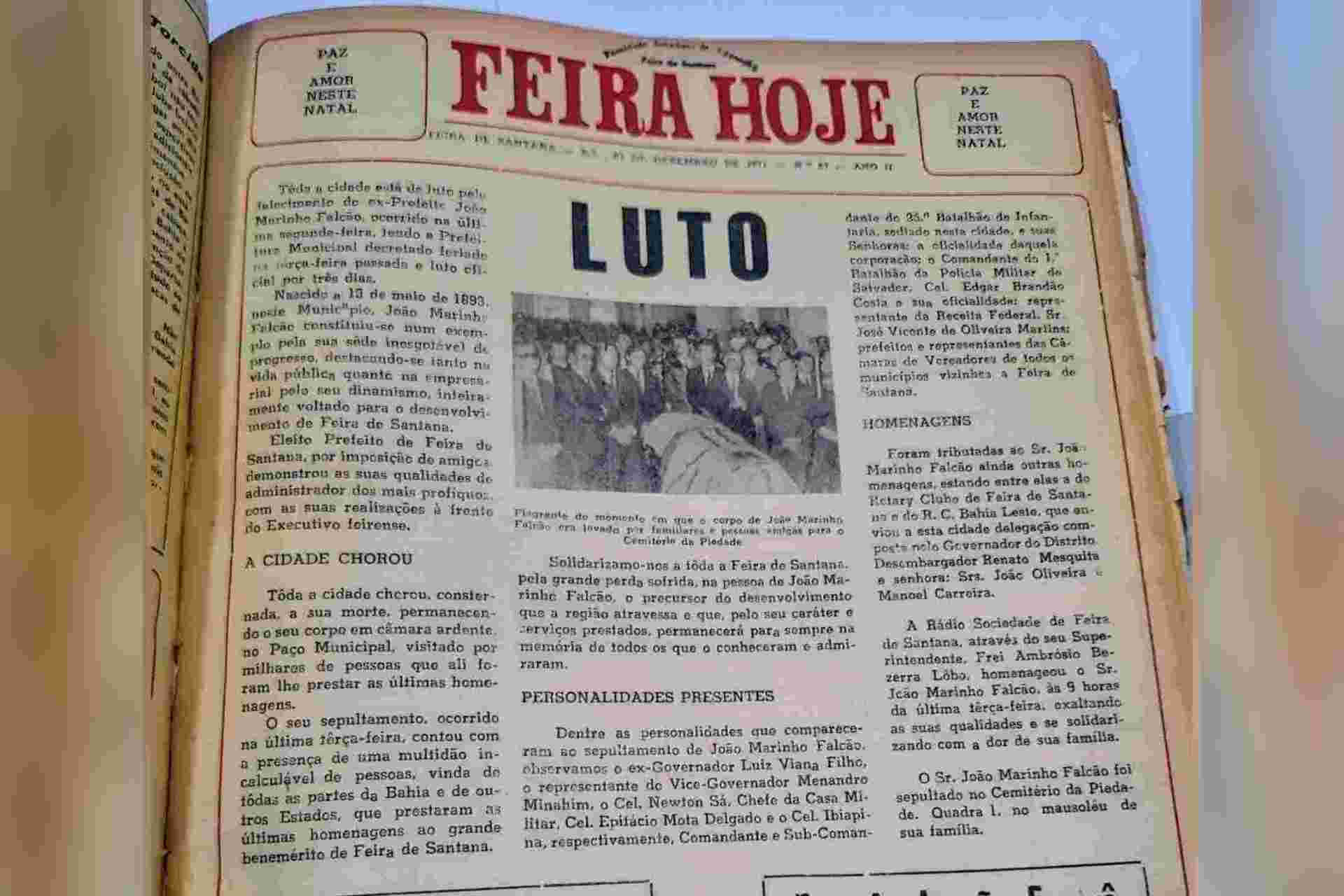 Há 54 anos Feira chorava a morte de João Marinho FalcãoEmpresário, prefeito e símbolo de uma geração que ajudou a construir a Feira moderna