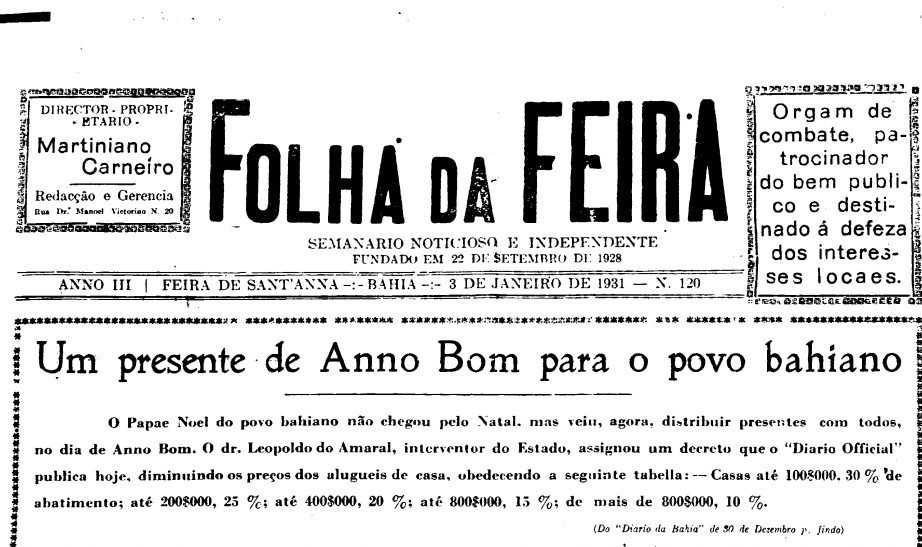 Prefeito Elpídio da Nova inaugura iluminação elétrica e serviço telefônico em Feira Edição histórica de 1931 revela o dia em que a luz elétrica chegou, Bonfim celebrou seu padroeiro e um jovem médico retornou à cidade