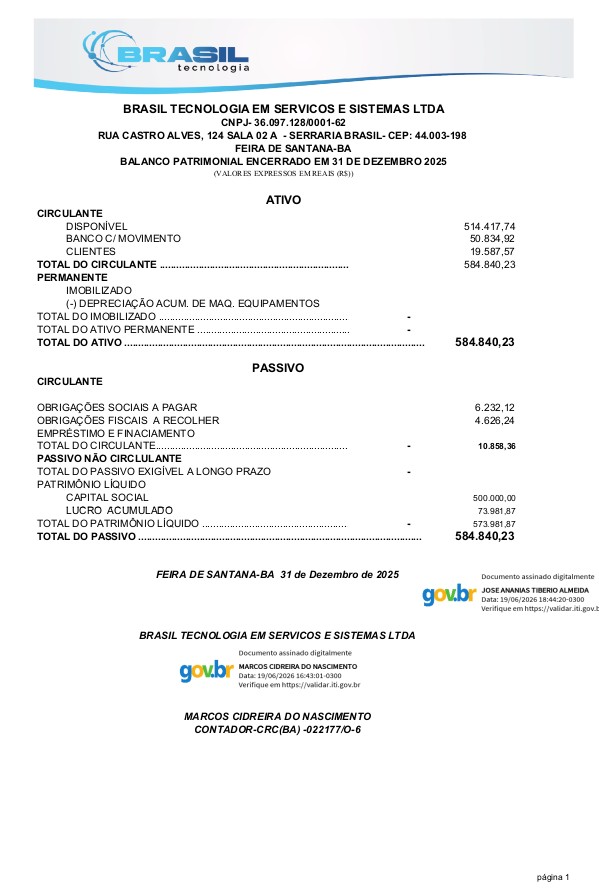 BRASIL TECNOLOGIA EM SERVIÇOS E SISTEMAS LTDA BALANCO PATRIMONIAL ENCERRADO EM 31 DE DEZEMBRO 2025